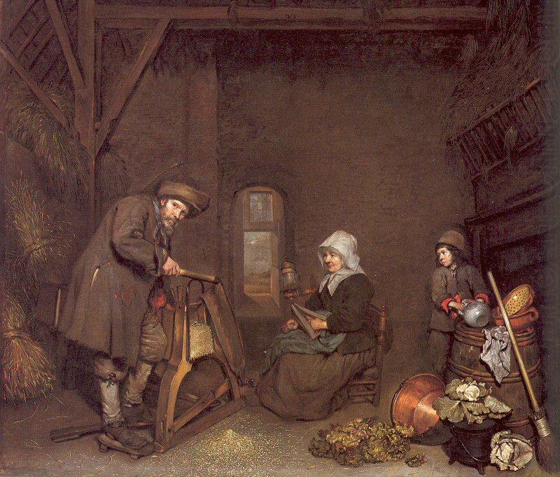 NETSCHER, Caspar Chaff Cutter with a Woman Spinning and a Young Boy china oil painting image